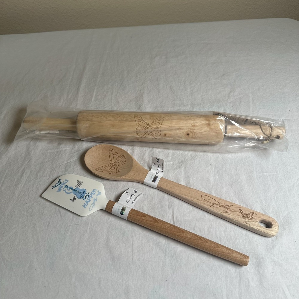 Dolly Parton Wood Rolling Pin Butterfly Signed Etched 17.5" Wooden Spoon Spatula
